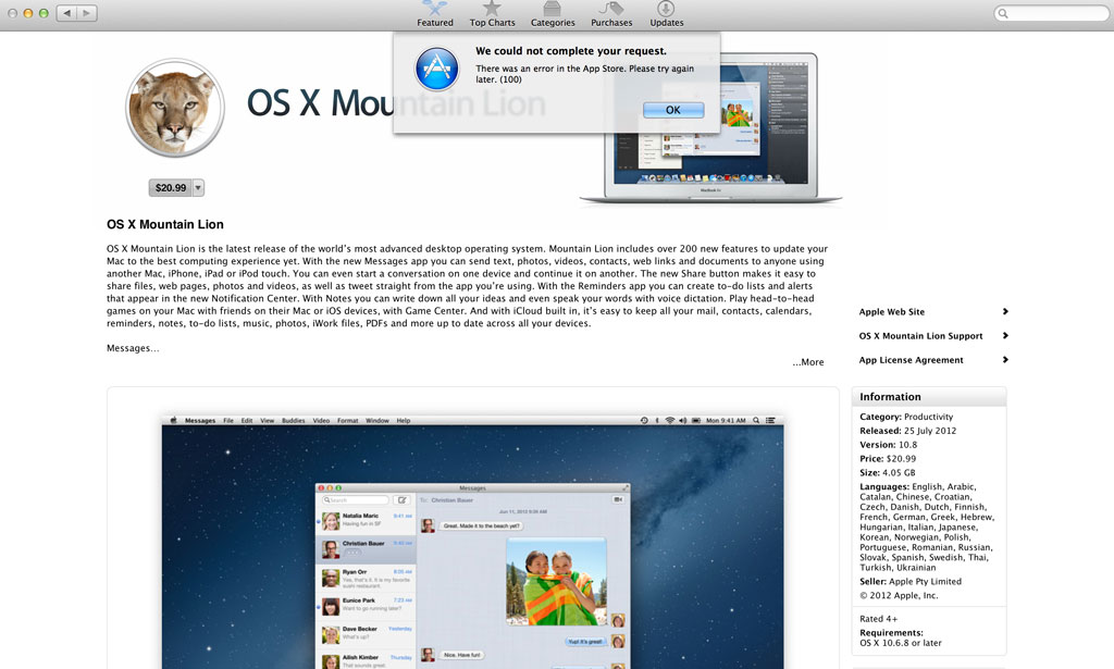 Apple App Shop - Error 100 Screenshot - OS X Mountain Lion